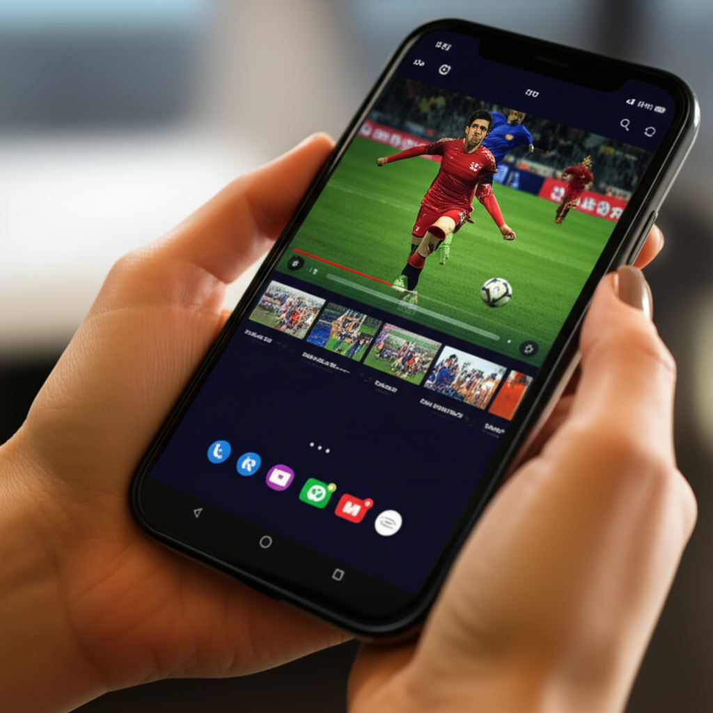 Pessoa assistindo IPTV em um smartphone, com a interface de canais visível.