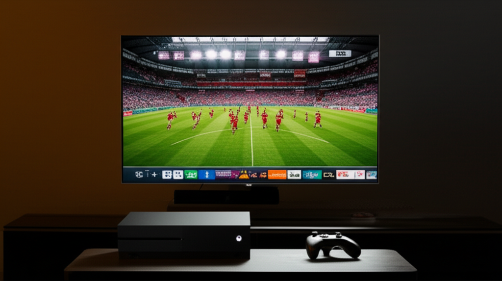 Pessoa assistindo IPTV em um Xbox, com a interface de canais visível.